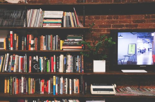 Bookshelf and Monitor Free Stock Picture